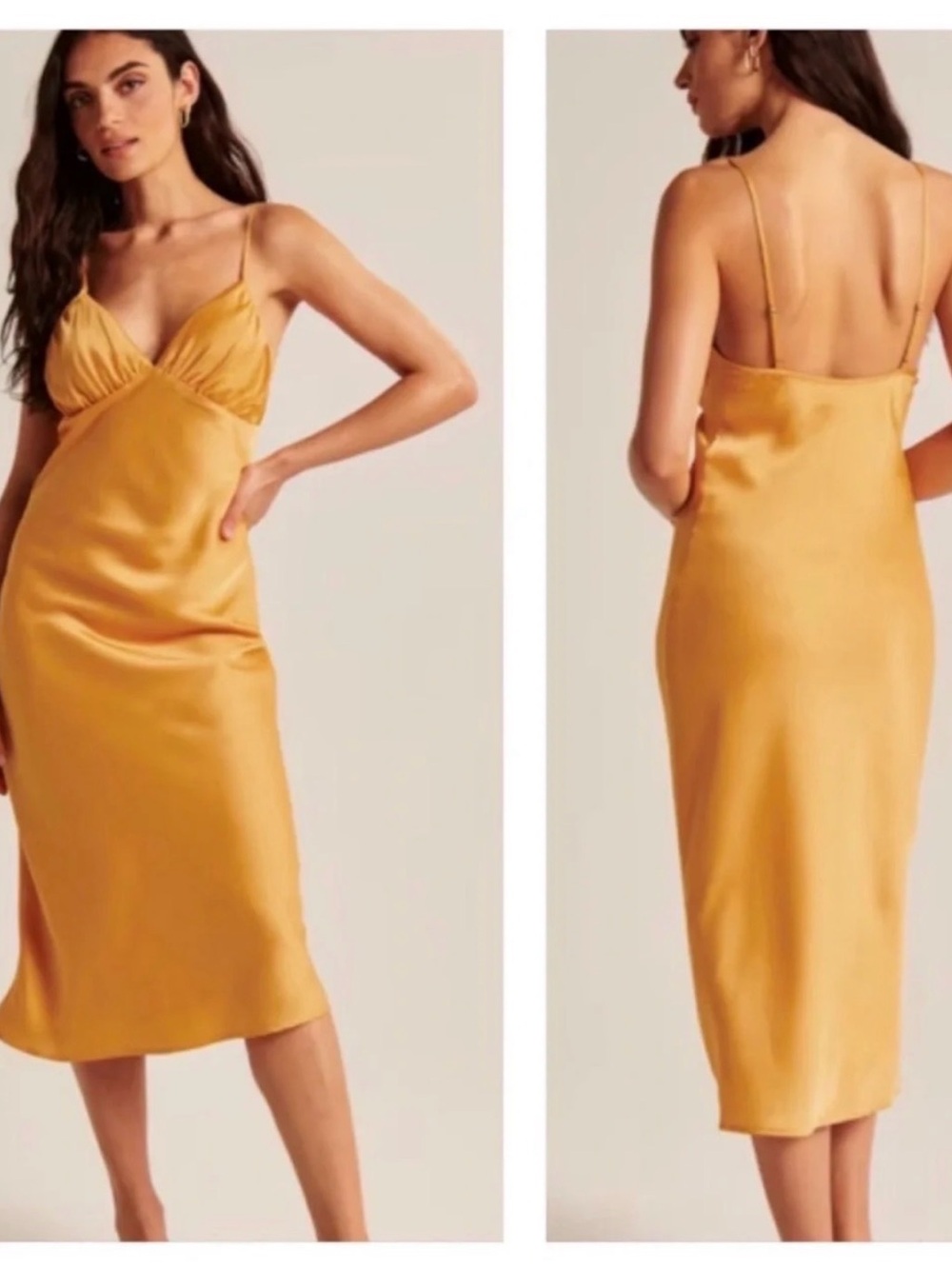 Abercrombie & Fitch Golden Yellow V-Neck Satin Midi Slip Dress